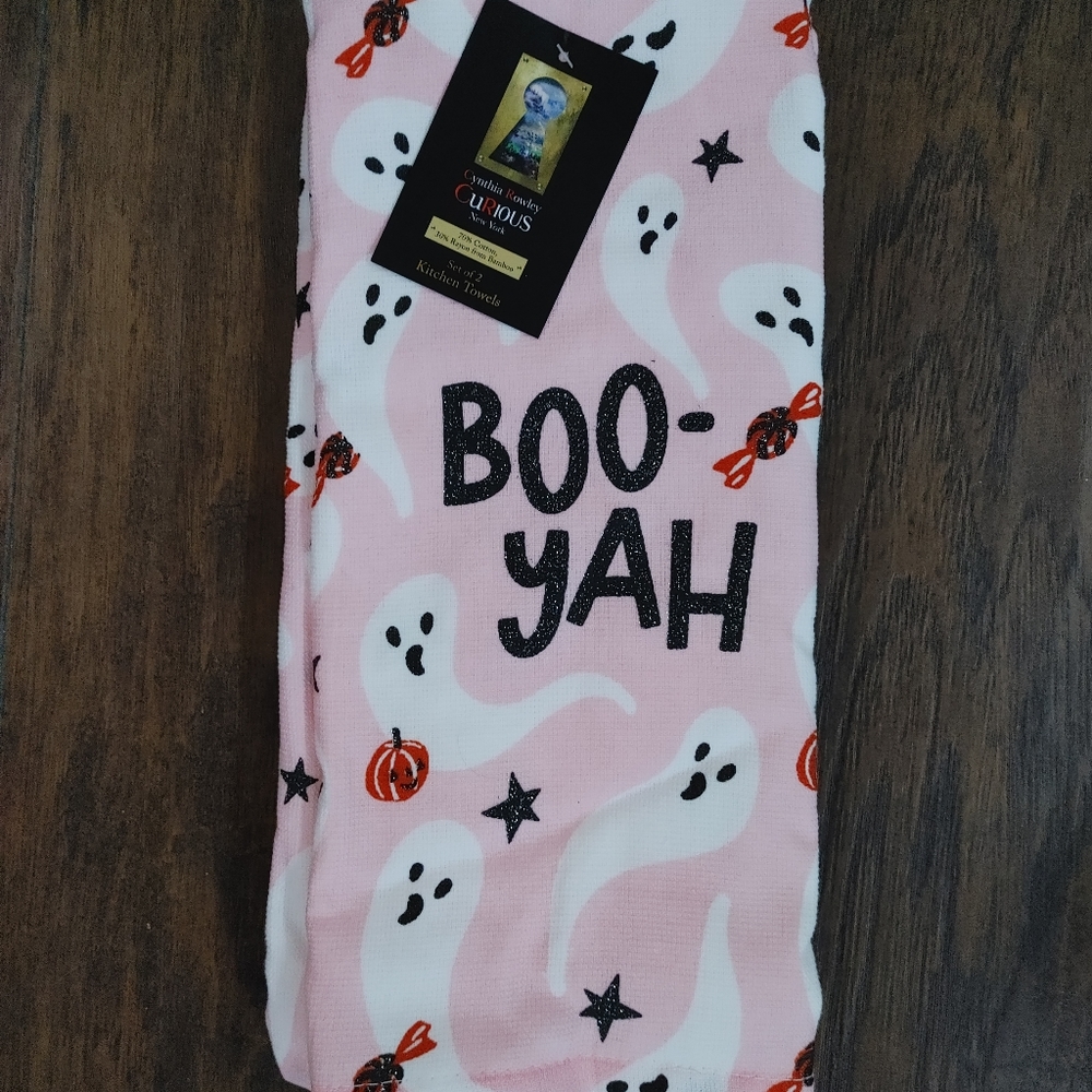 New Halloween Pink Ghost Kitchen Towels Boo-Yah set of 2
